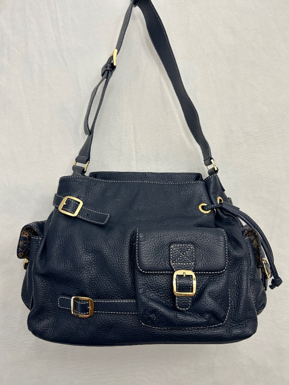 MAXX New York Navy Blue Pebbled Leather Hobo Buckle Strap Shoulder Handbag